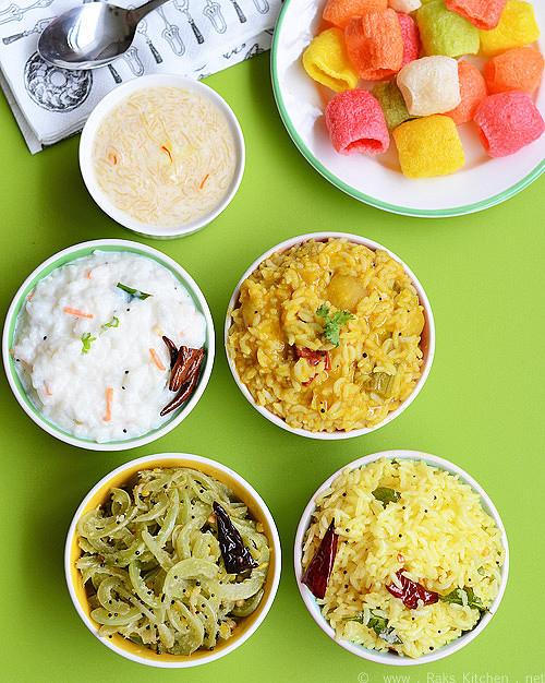 Variety rice lunch - Lemon rice, sambar rice, curd rice, poriyal, sweet, fryums