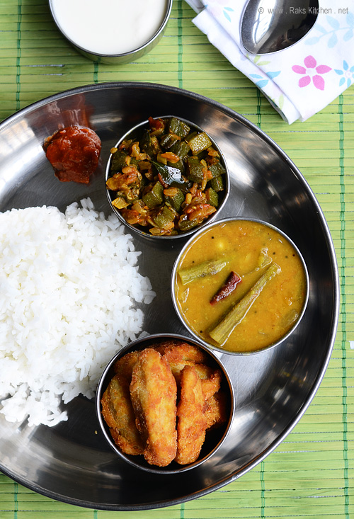 Lunch menu 24 - with drumstick sambar, arbi fry, bhendi curry - Raks Kitchen